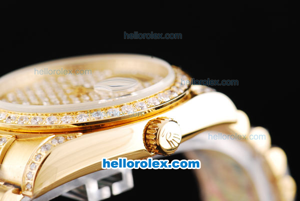 Rolex Day Date Oyster Perpetual Swiss ETA 2836 Automatic Movement Full Gold Case with Diamond Bezel and Diamond Dial - Click Image to Close